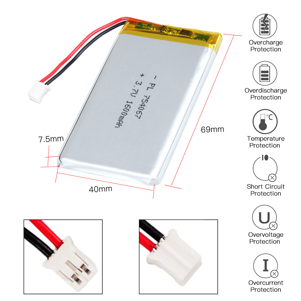 YDL 3.7V 1600mAh 754067 充電式リチウムポリマー電池
