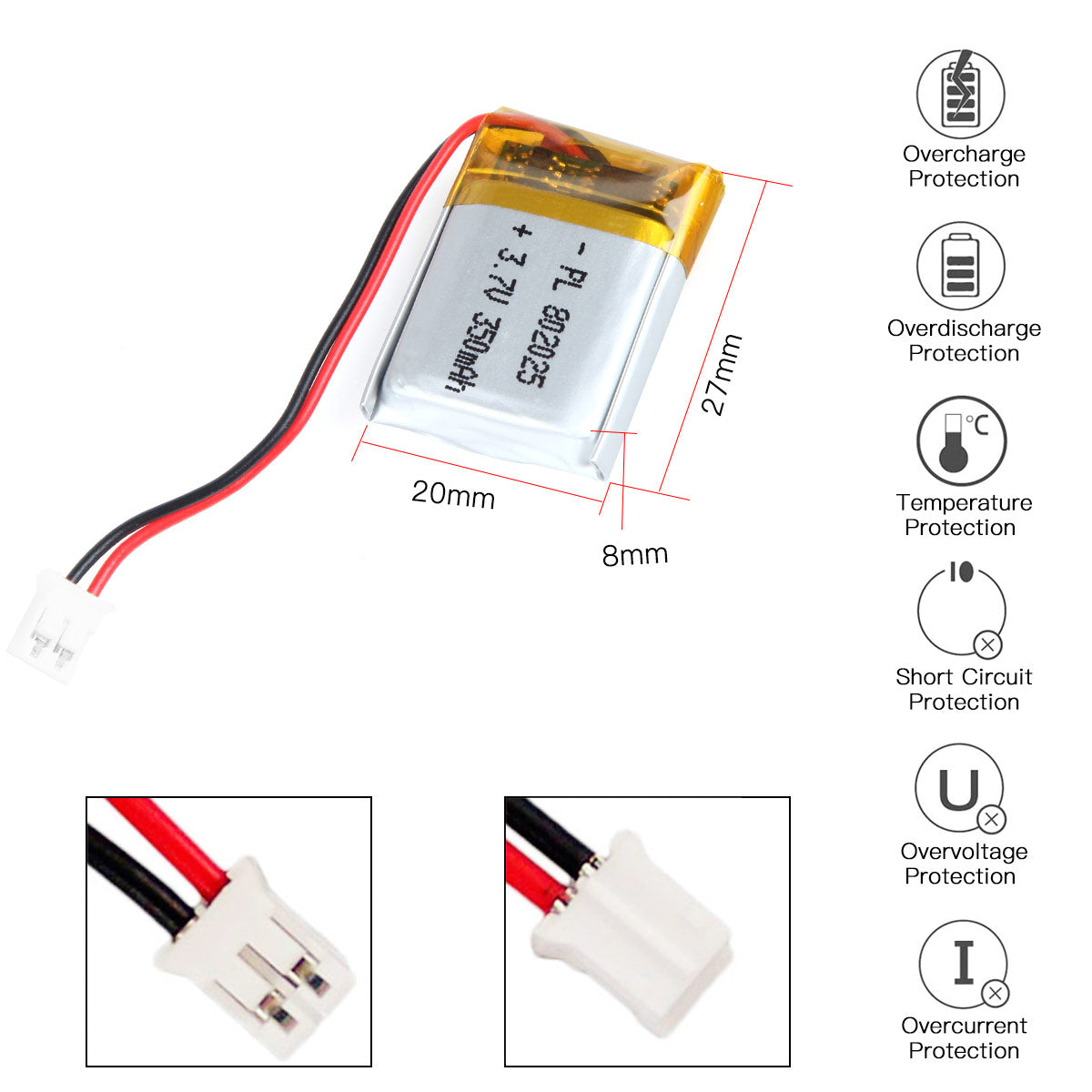 YDL 3.7V 350mAh 802025 充電式リチウムポリマー電池