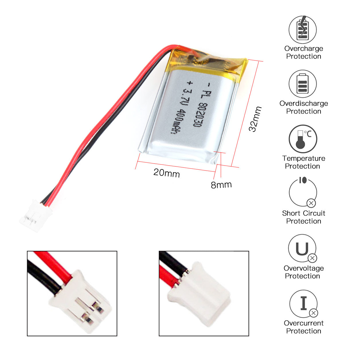 YDL 3.7V 400mAh 802030 충전식 리튬 폴리머 배터리 길이 32mm