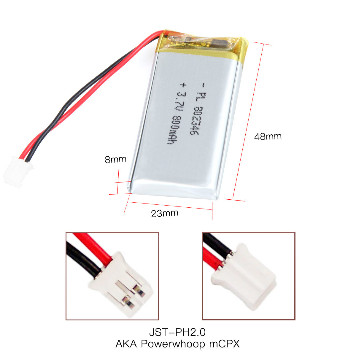 YDL 3.7V 800mAh 802346 Rechargeable Lipo Battery with JST Connector - YDL Battery