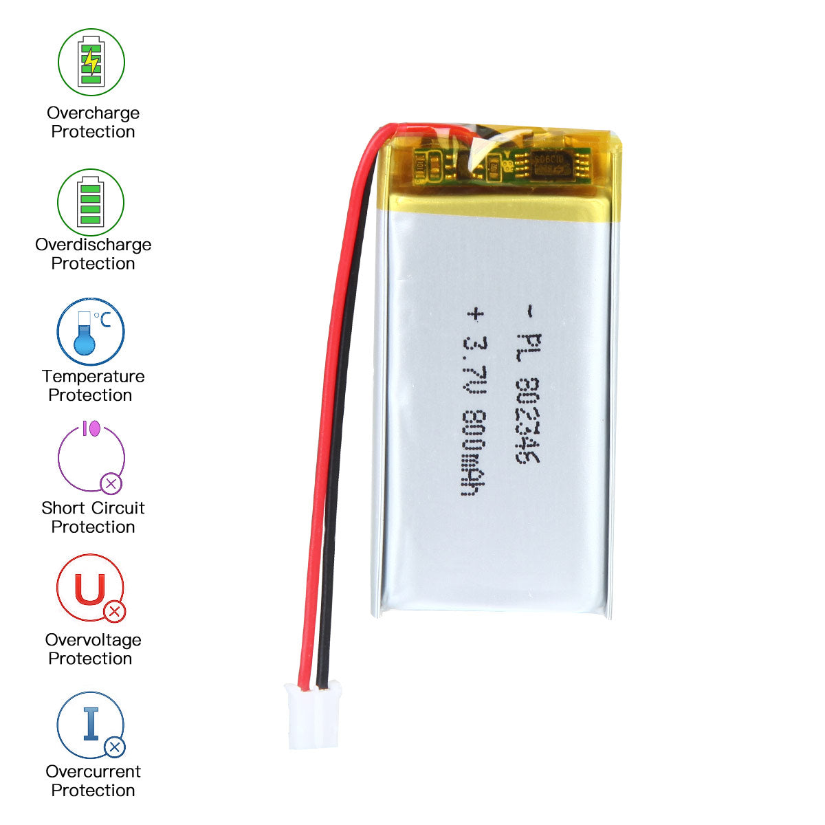YDL 3.7V 800mAh 802346 Rechargeable Lipo Battery with JST Connector - YDL Battery