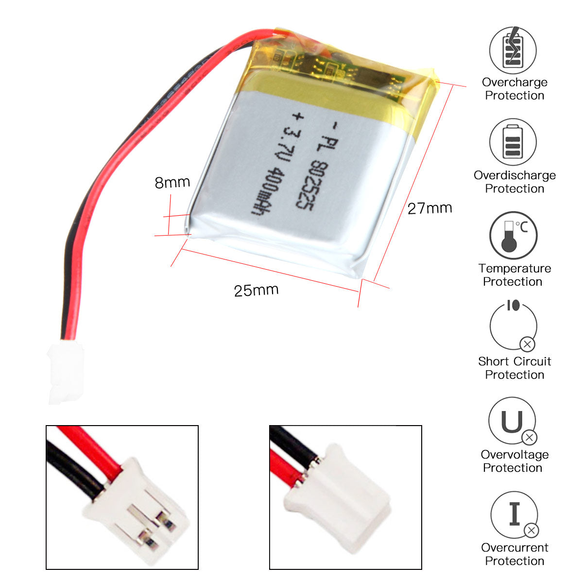 YDL 3.7V 400mAh 802525 충전식 리튬 폴리머 배터리 길이 27mm