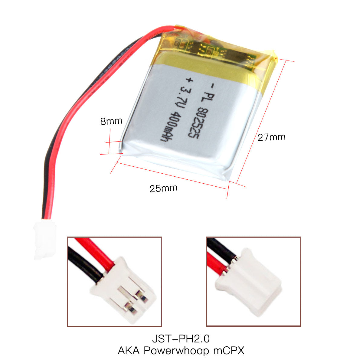YDL 3.7V 400mAh 802525 충전식 리튬 폴리머 배터리 길이 27mm