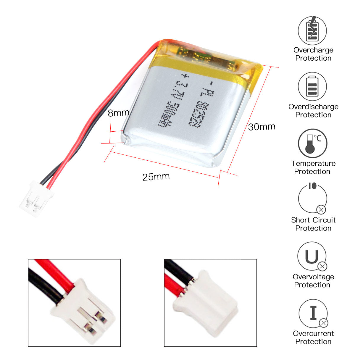 YDL 3.7V 480mAh 802528 Rechargeable Lipo Battery with JST Connector - YDL Battery