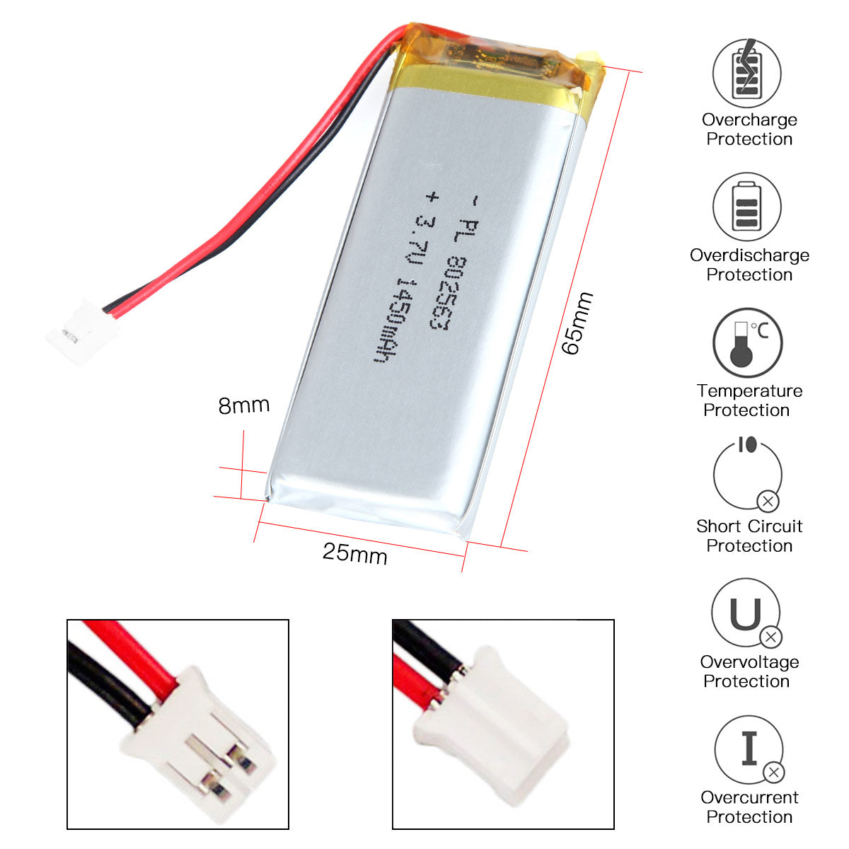 YDL 3.7V 1450mAh 802563 재충전용 리튬 중합체 건전지 길이 65mm