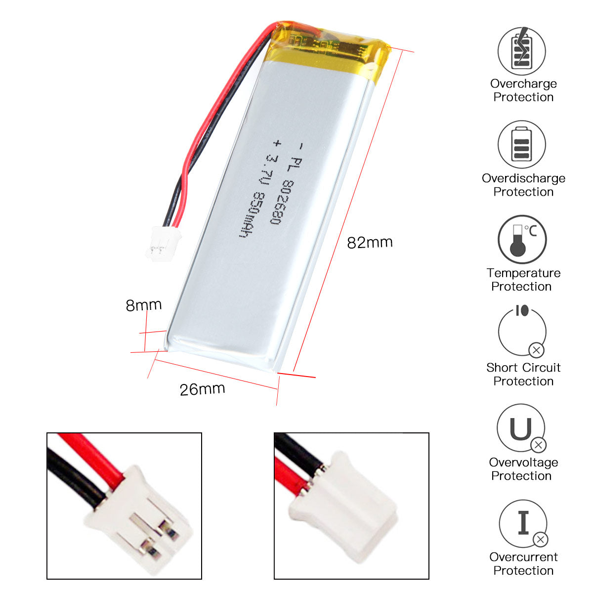YDL 3.7V 850mAh 802680 充電式リチウムポリマー電池