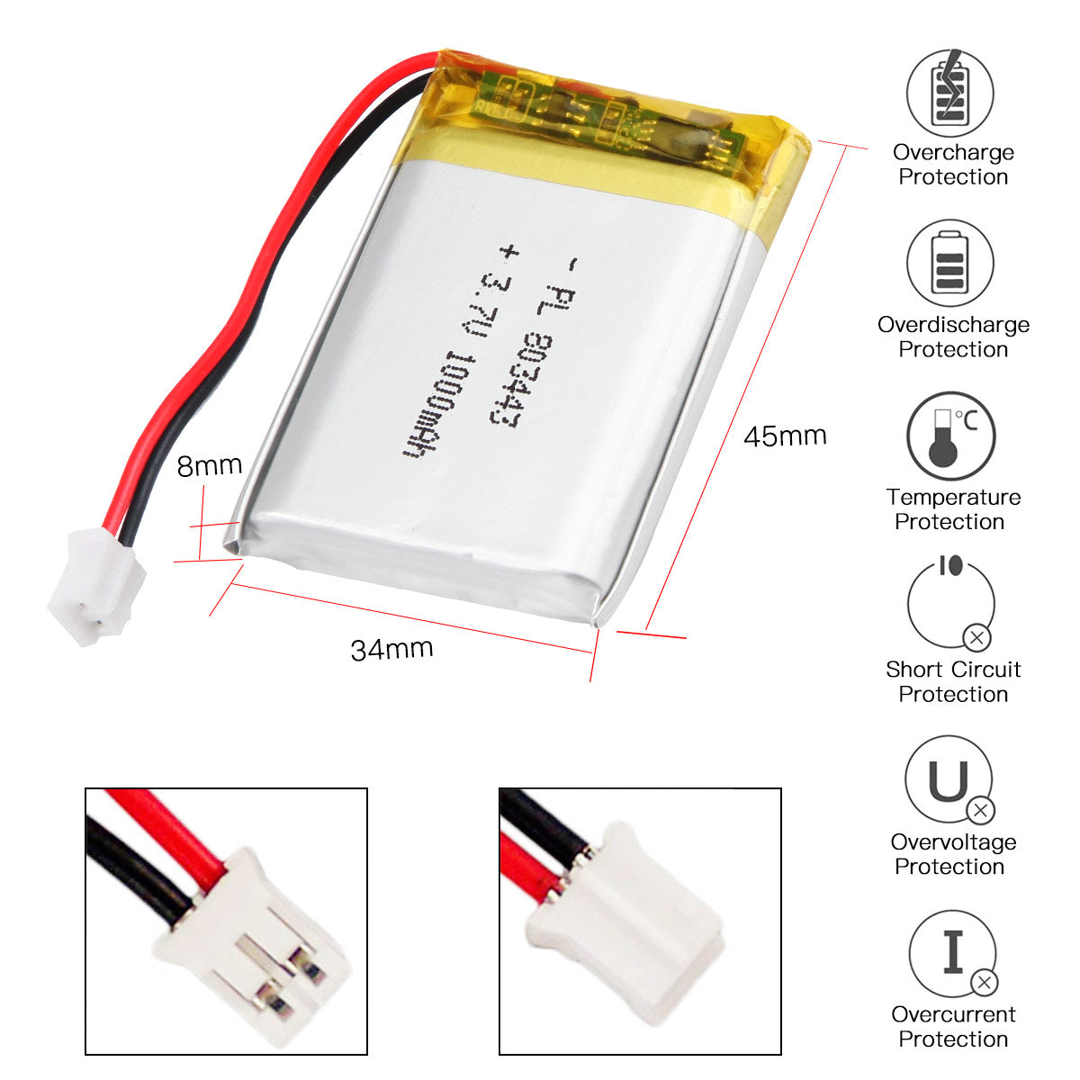 YDL 3.7V 1000mAh 803443 充電式リチウムポリマー電池