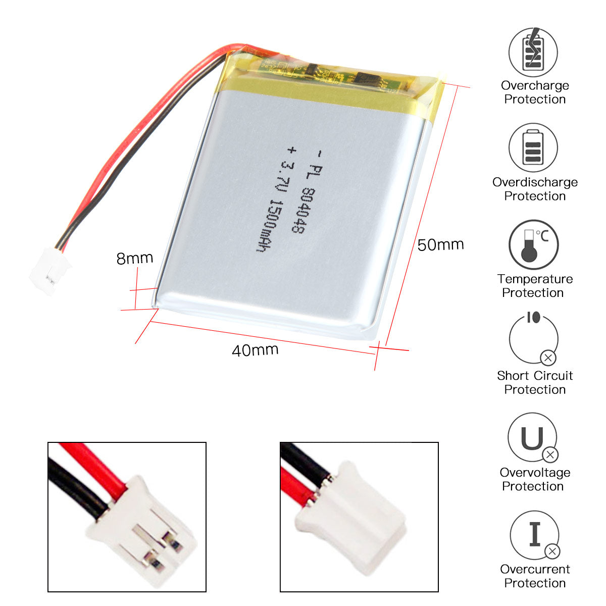 YDL 3.7V 1500mAh 804048 충전식 리튬 폴리머 배터리 길이 50mm