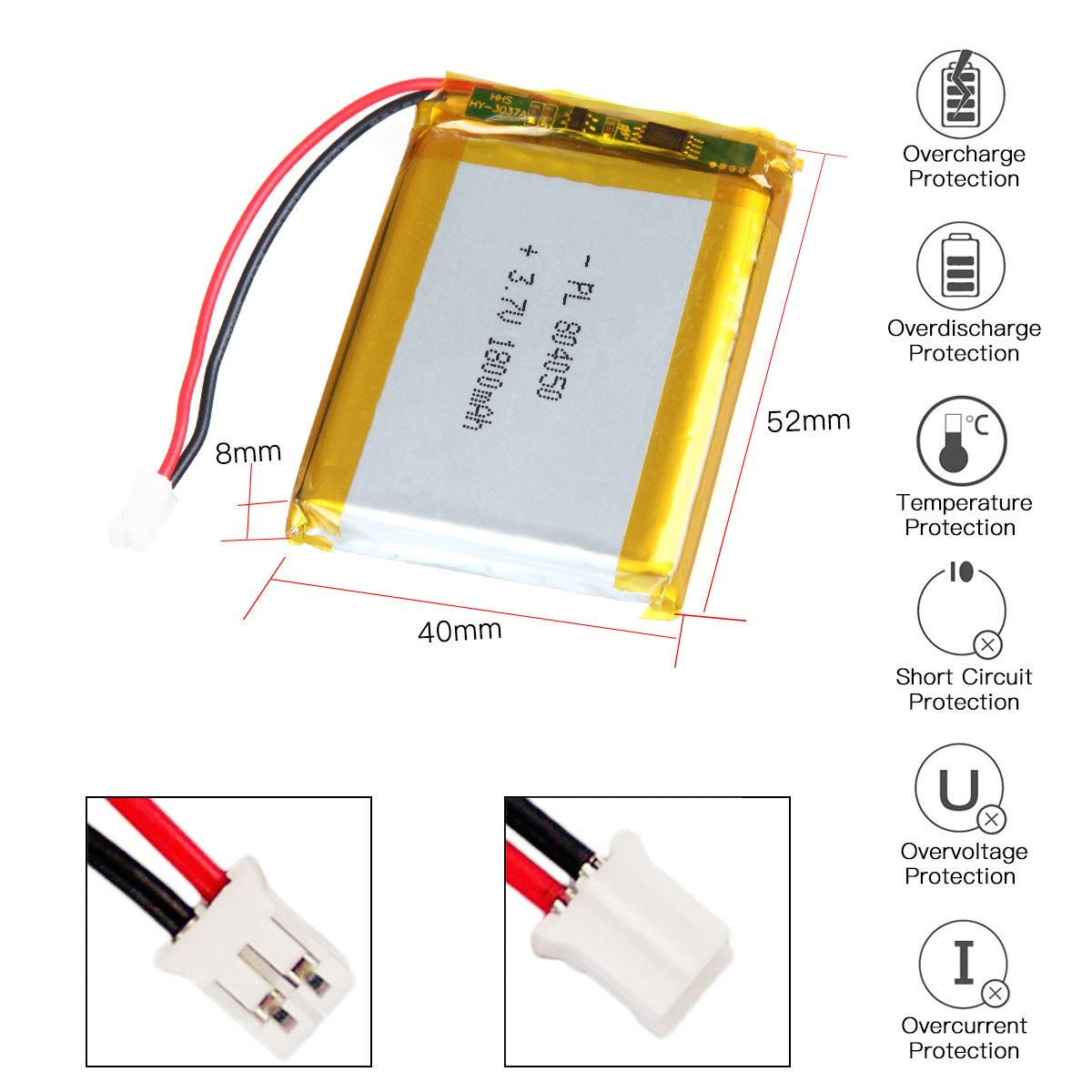 3.7V 2000mAh 804050 재충전용 리튬 중합체 건전지 길이 52mm