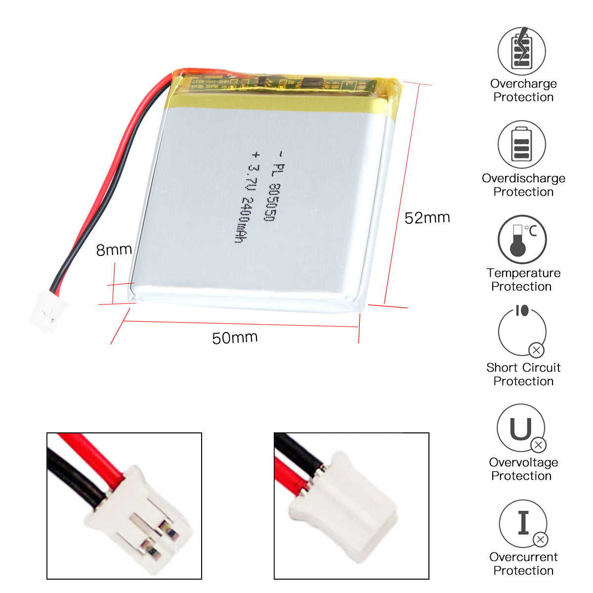 YDL 3.7V 2400mAh 805050 충전식 리튬 폴리머 배터리 길이 52mm