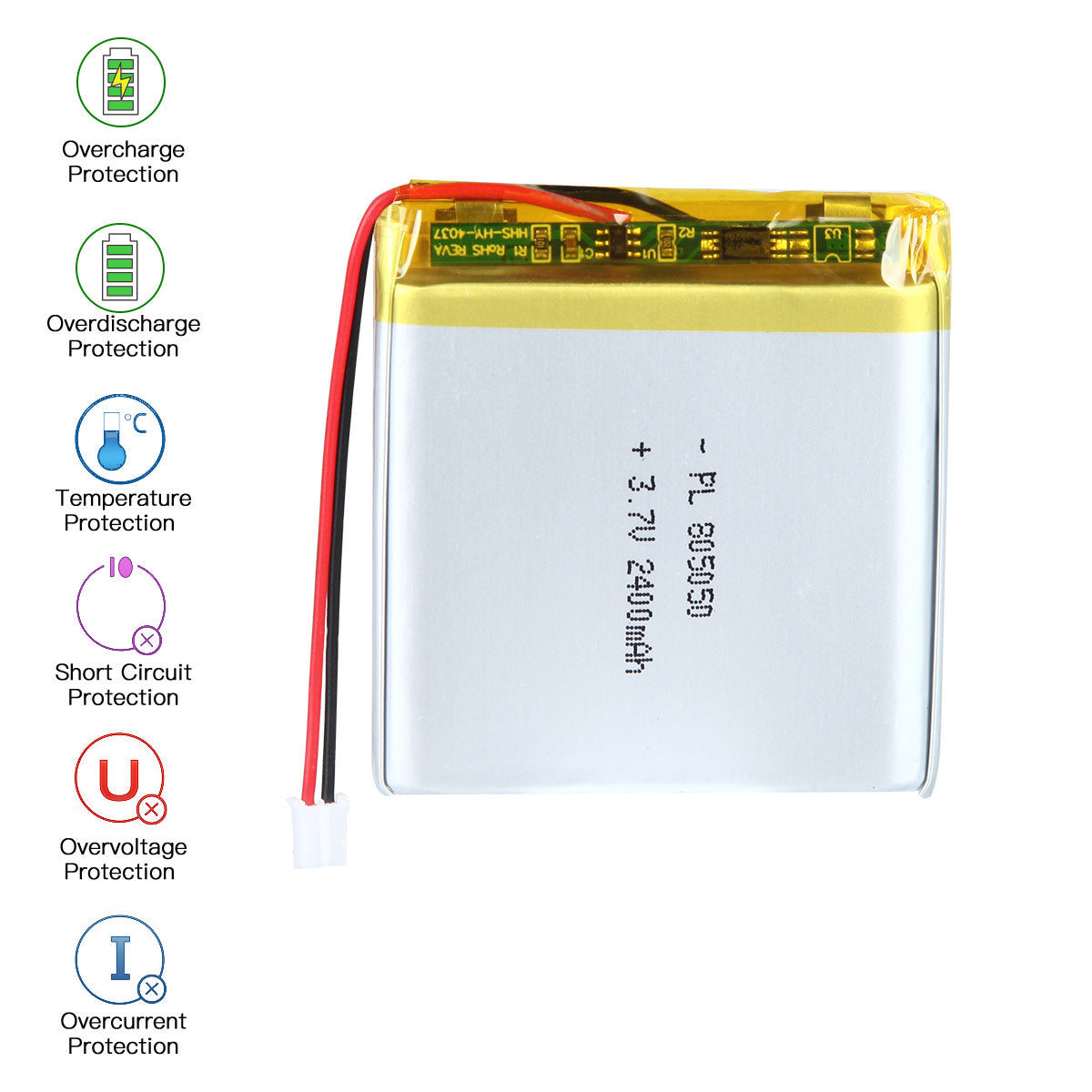 YDL 3.7V 2400mAh 805050 충전식 리튬 폴리머 배터리 길이 52mm