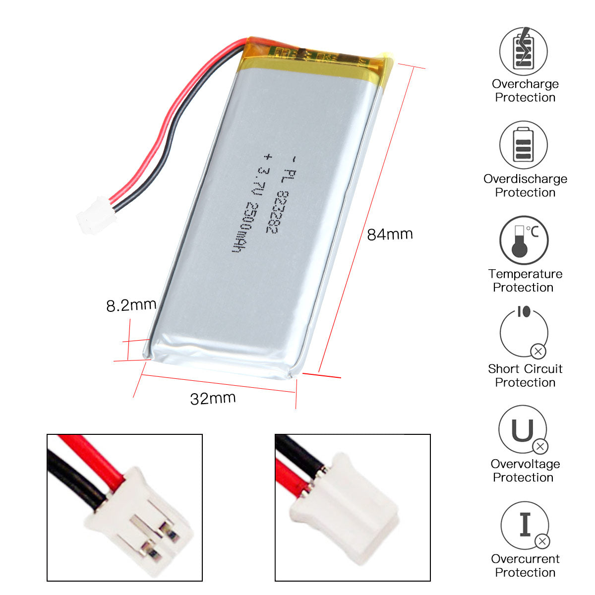YDL 3.7V 2500mAh 823282 재충전용 리튬 중합체 건전지 길이 84mm