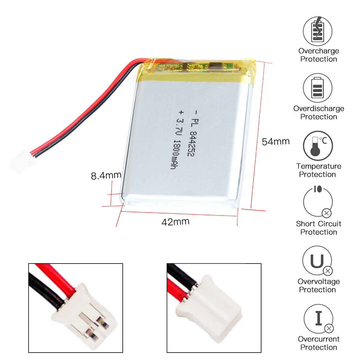 YDL 3.7V 1800mAh 844252 재충전용 리튬 중합체 건전지 길이 54mm