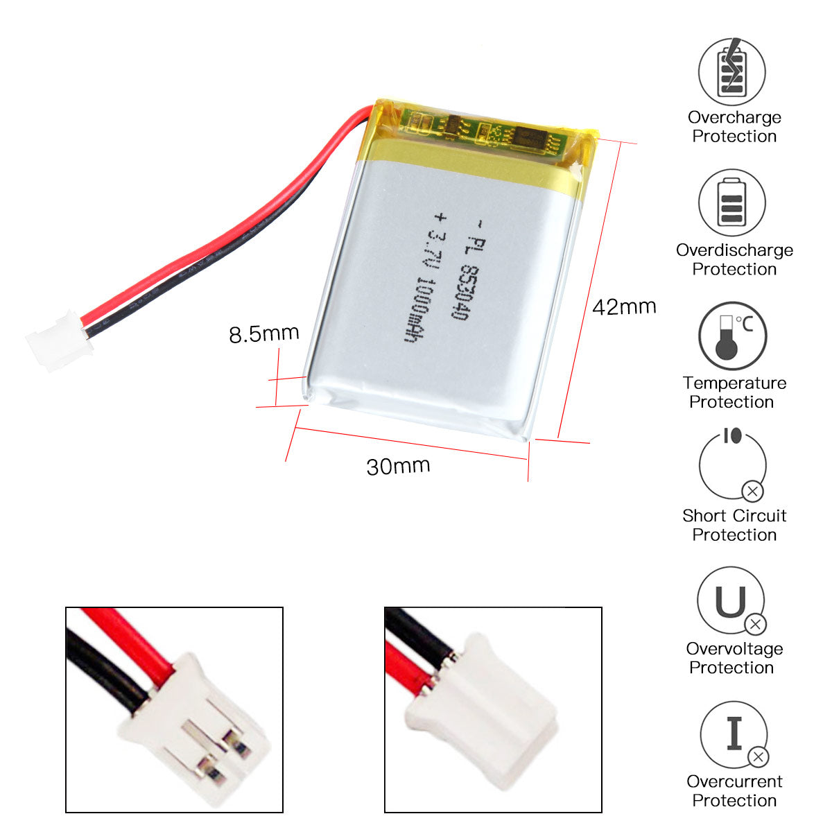 YDL 3.7V 1000mAh 853040 충전식 폴리머 리튬 이온 배터리 길이 42mm