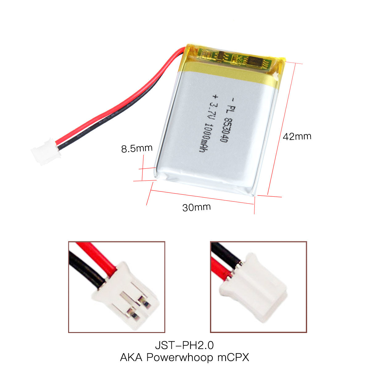 YDL 3.7V 1000mAh 853040 충전식 폴리머 리튬 이온 배터리 길이 42mm