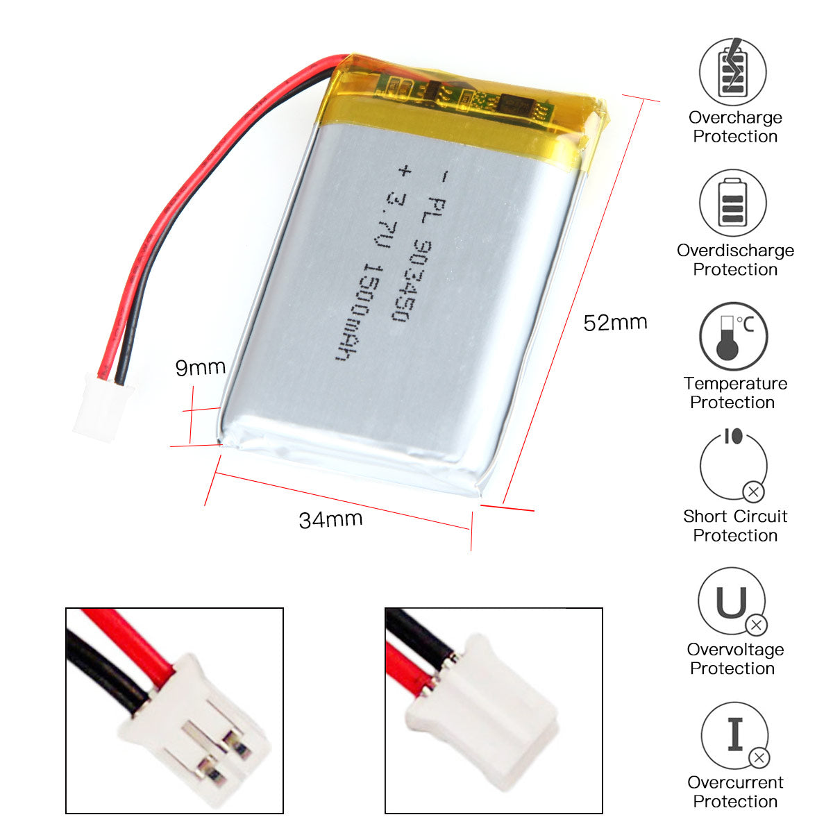 3.7V 1500mAh 903450 재충전용 리튬 중합체 건전지 길이 52mm