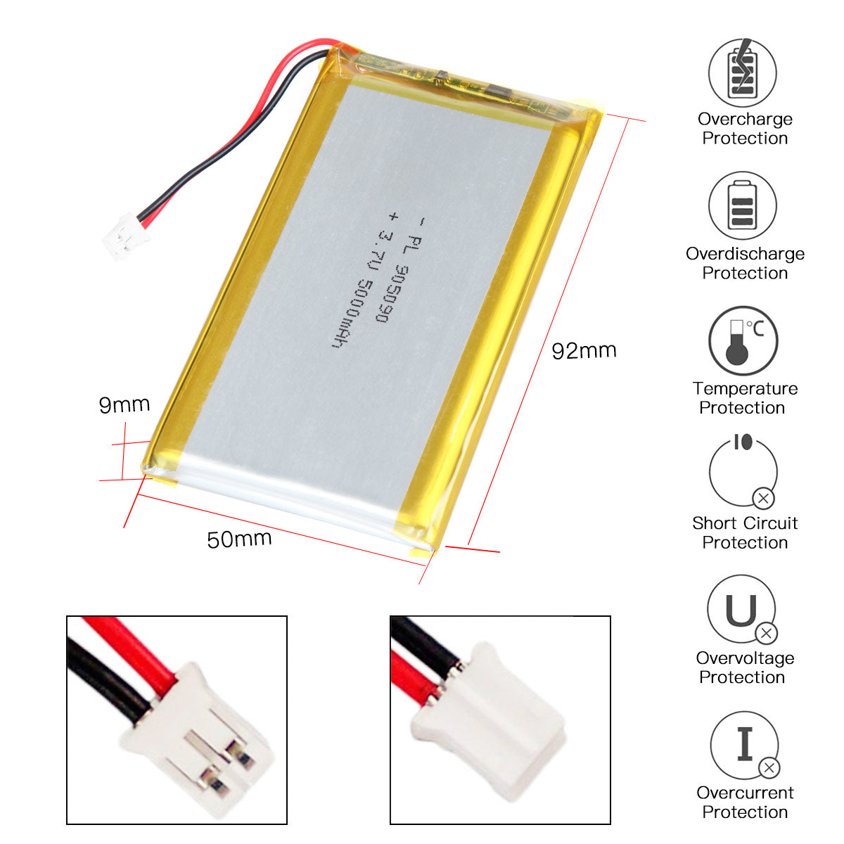 YDL 3.7V 5000mAh 905090 충전식 리튬 폴리머 배터리 길이 92mm