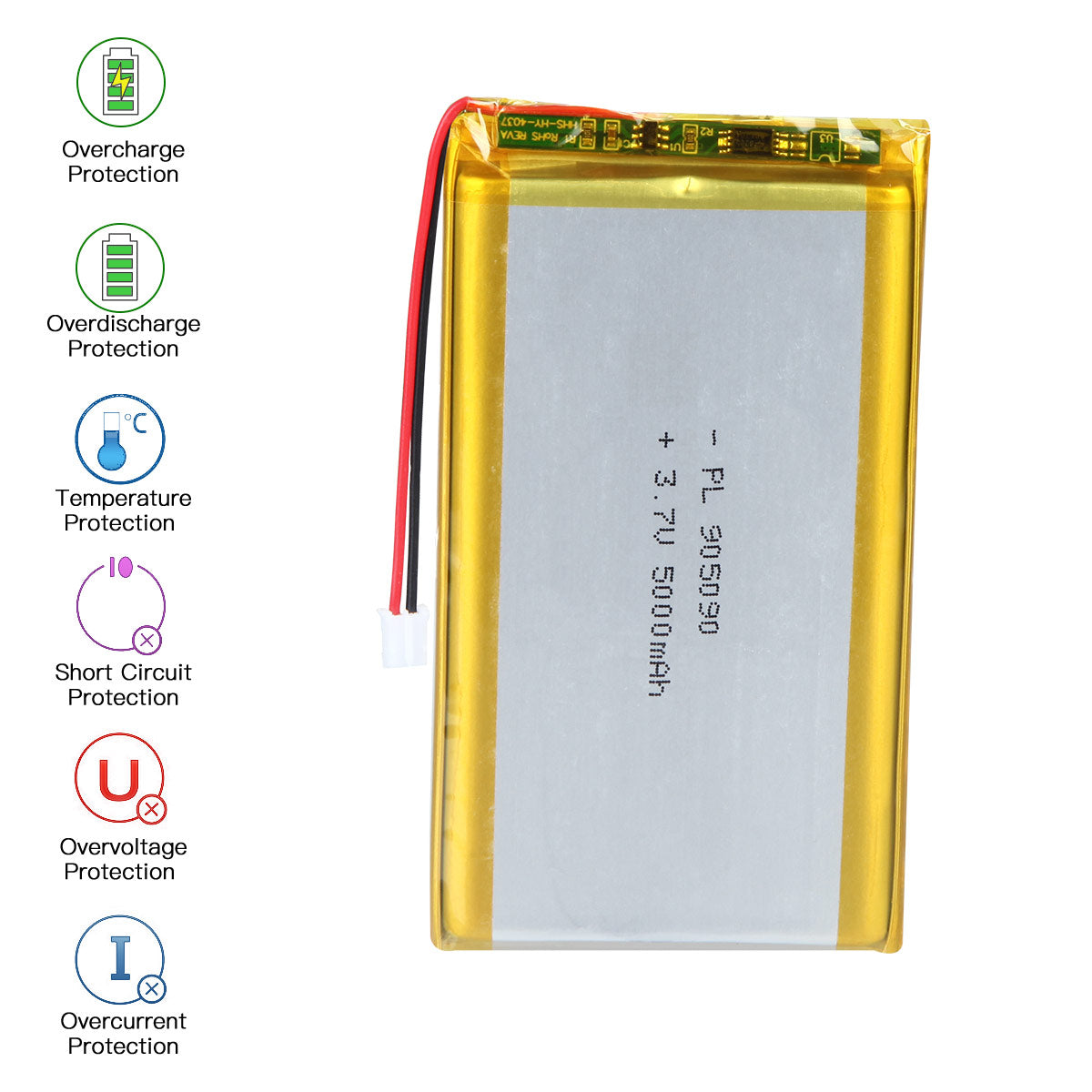 YDL 3.7V 5000mAh 905090 충전식 리튬 폴리머 배터리 길이 92mm