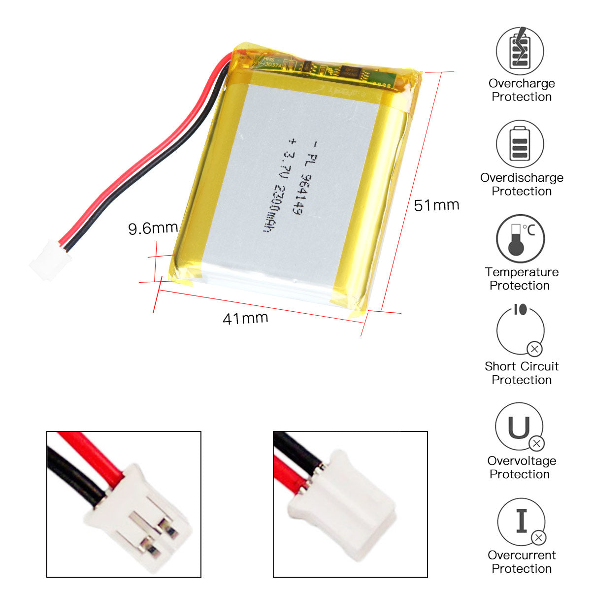 YDL 3.7V 2300mAh 964149 充電式リチウムポリマー電池 長さ 51mm