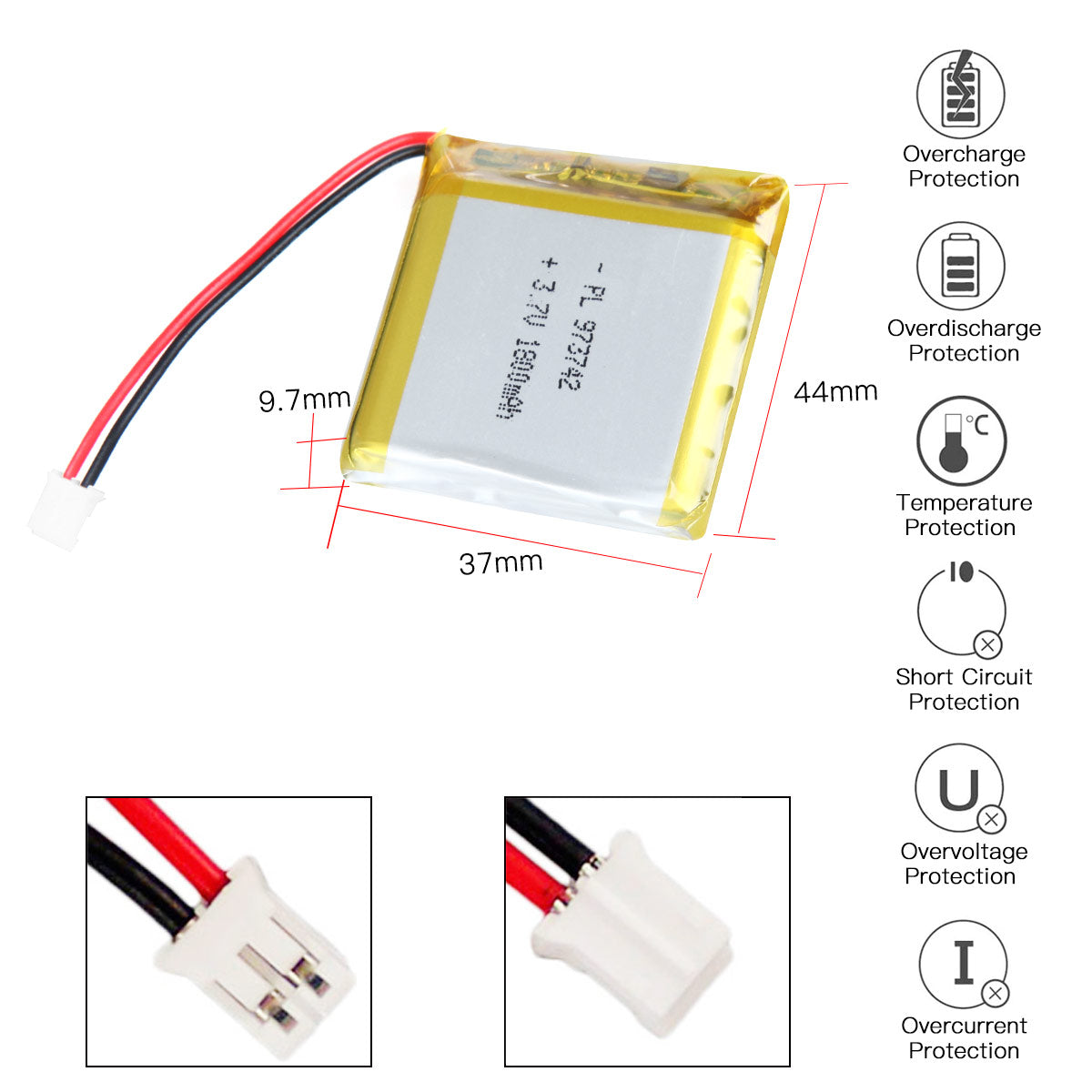 YDL 3.7V 1800mAh 973742 充電式リチウムポリマー電池 長さ 44mm