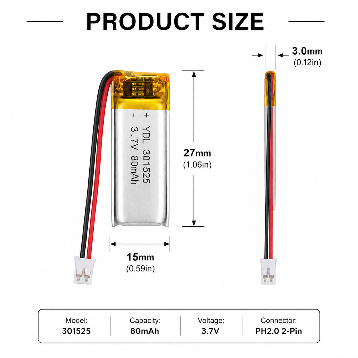 YDL 3.7V 80mAh 401520 충전식 리튬 폴리머 배터리 길이 22mm