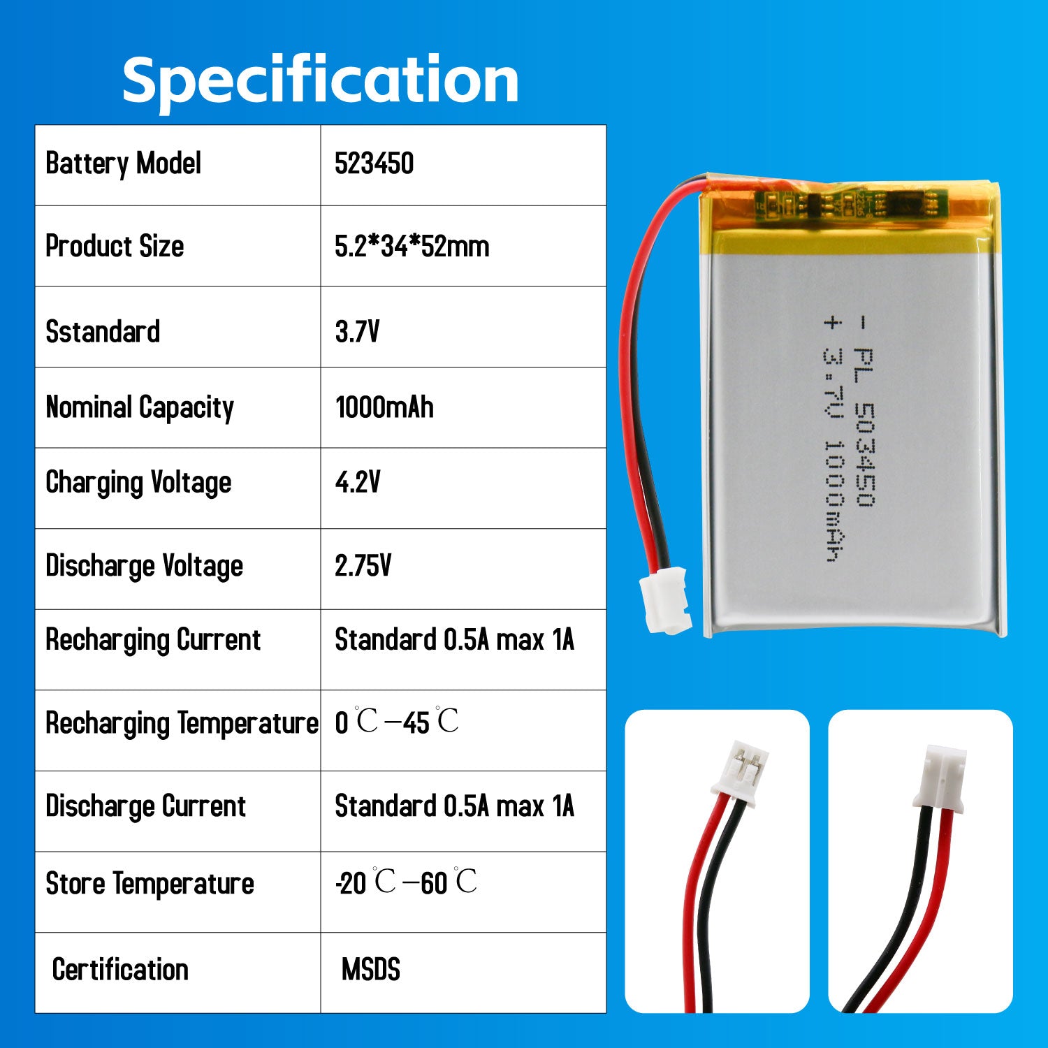 Batterie lithium polymère YDL 3.7V 1000mAh 523450