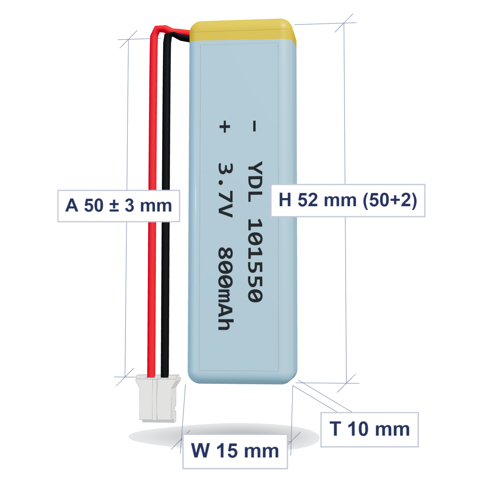 YDL 101550 800mAh 3.7V LiPo battery, 10x15x52mm, PH2.0 connector, 50mm 26AWG leads