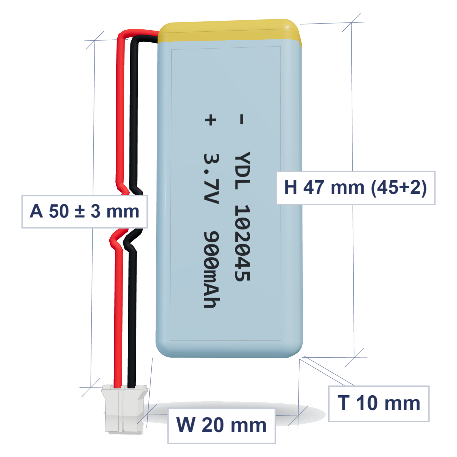 YDL 102045 900mAh 3.7V LiPo battery, 10x20x47mm, PH2.0 connector, 50mm 26AWG leads