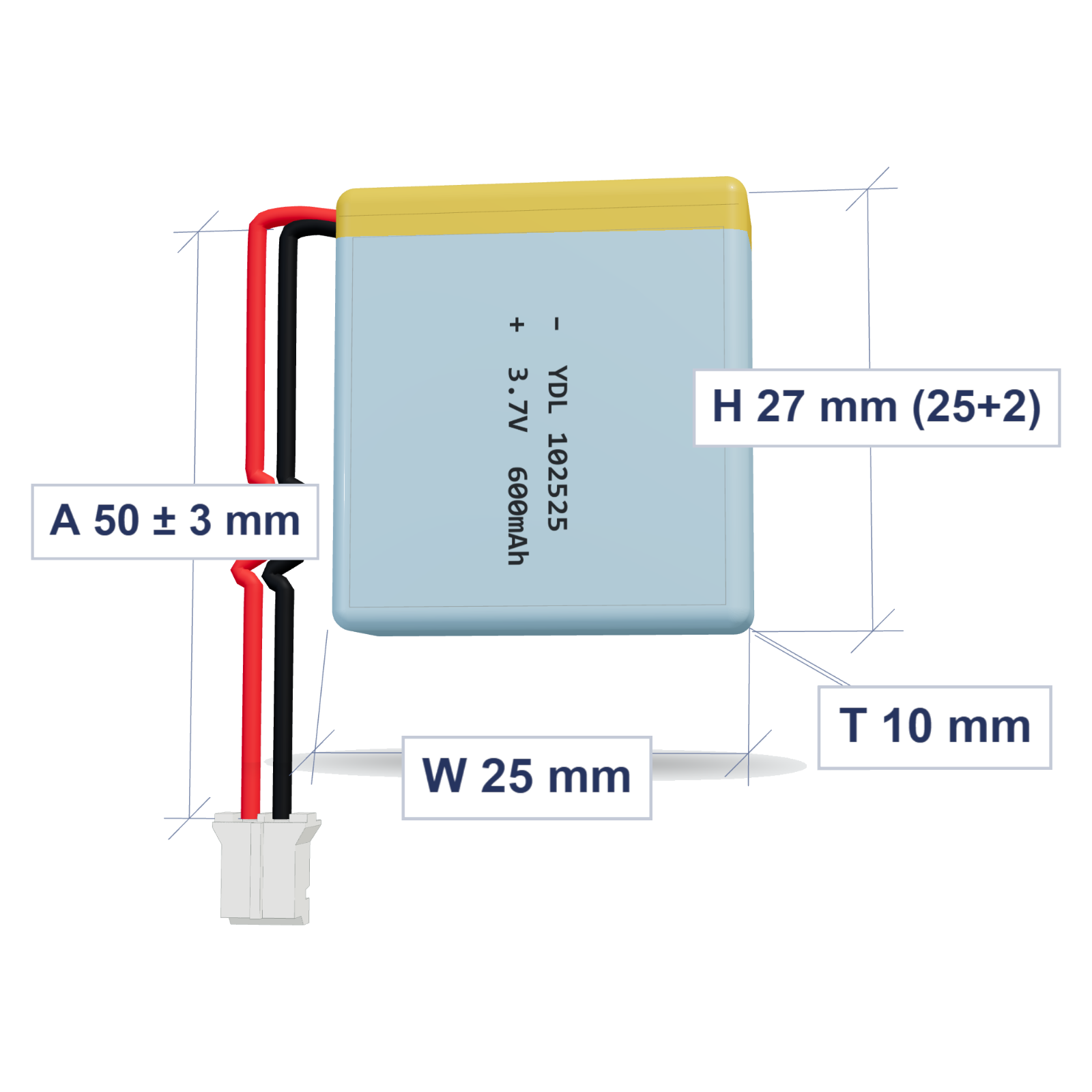 YDL 102525 600mAh 3.7V LiPo battery, 10x25x27mm, PH2.0 connector, 50mm 26AWG leads