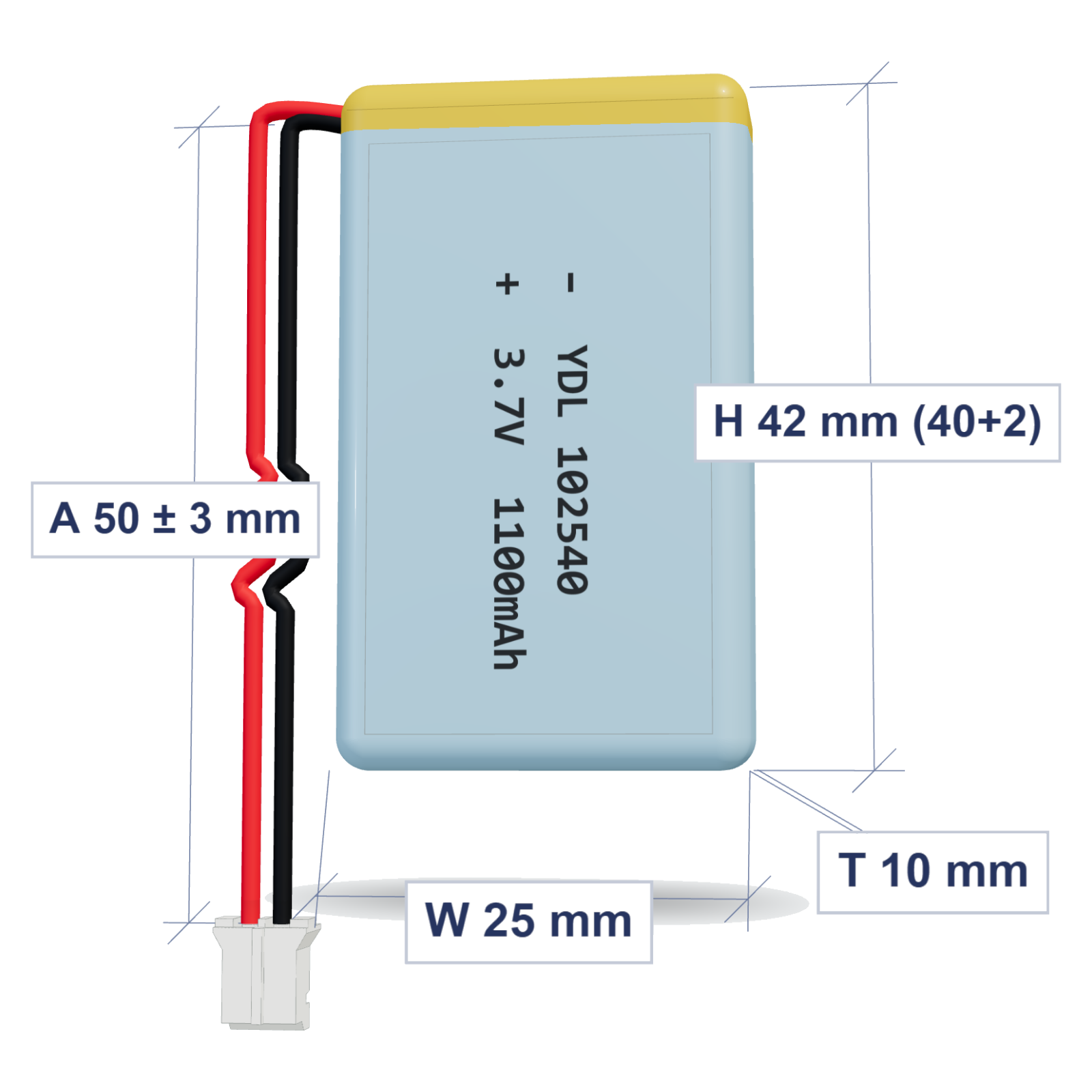YDL 102540 1100mAh 3.7V LiPo battery, 10x25x42mm, PH2.0 connector, 50mm 26AWG leads