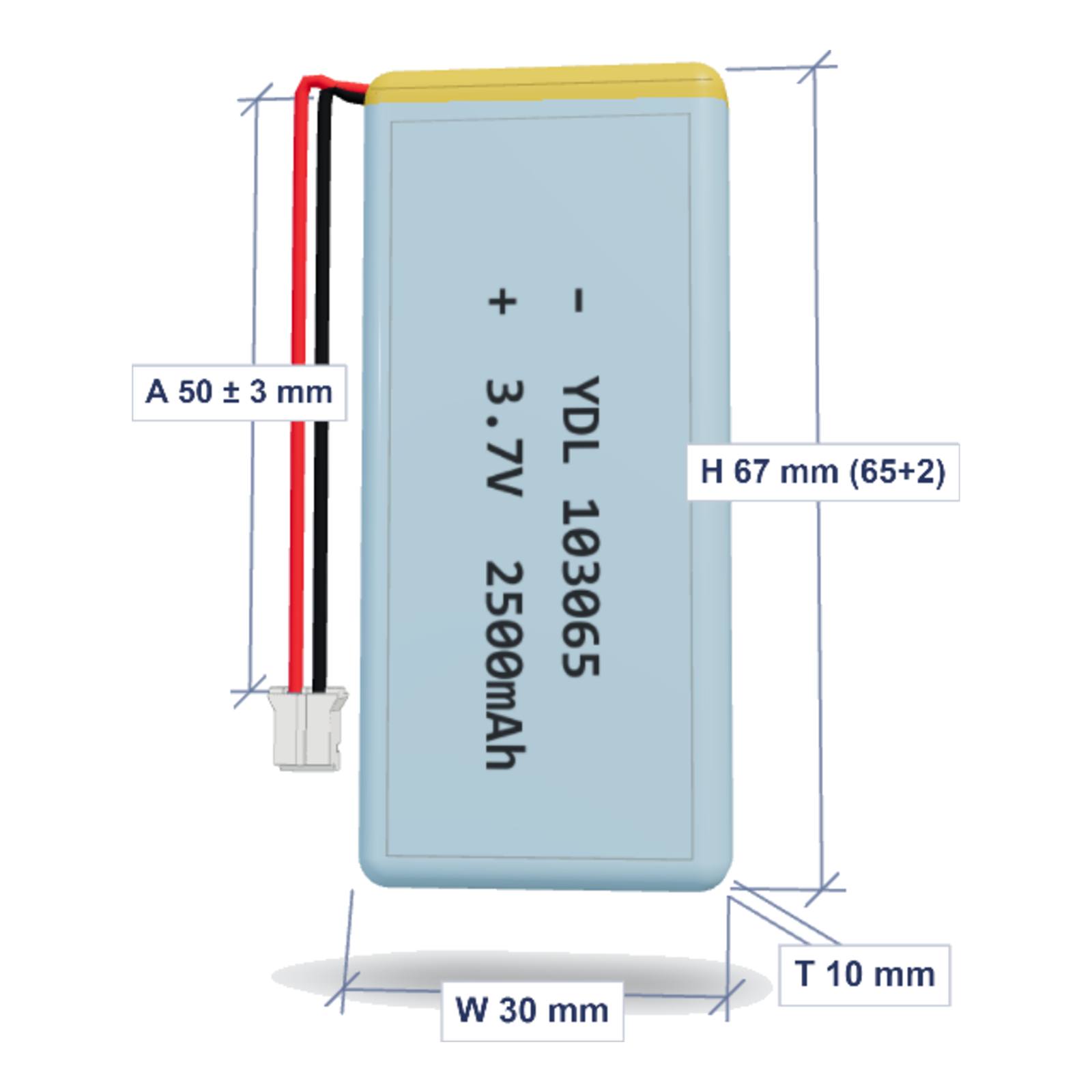 YDL 103065 2500mAh 3.7V lithium polymer battery with PH2.0 connector and 50mm wire, dimensioned 3D view
