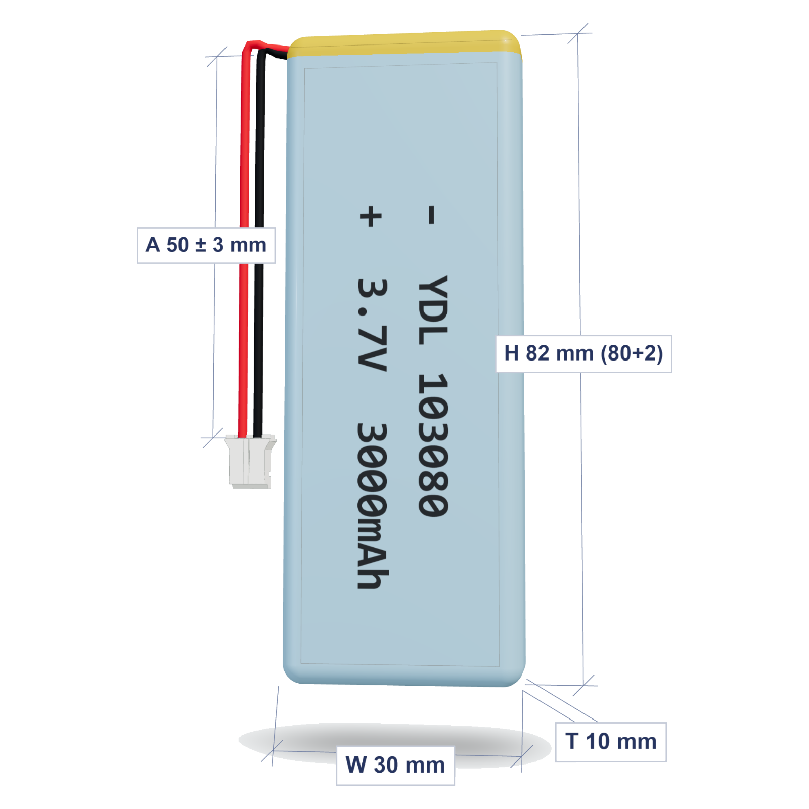 YDL 103080 3000mAh 3.7V lithium polymer battery 10x30x82mm with PH2.0 connector and 50mm 26AWG wire, dimensioned 3D view