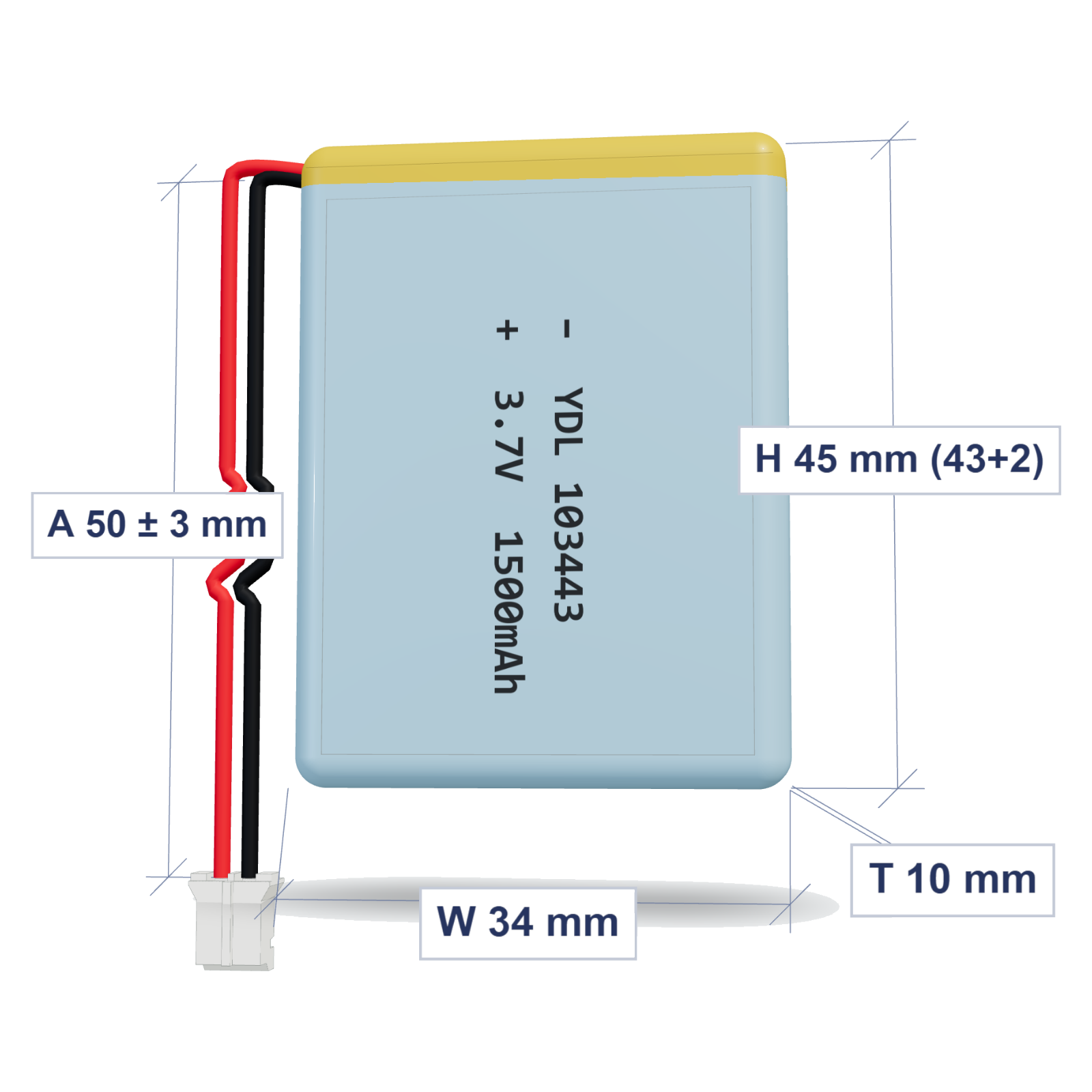 YDL 103443 1500mAh 3.7V LiPo battery, 10x34x45mm, PH2.0 connector, 50mm 26AWG leads