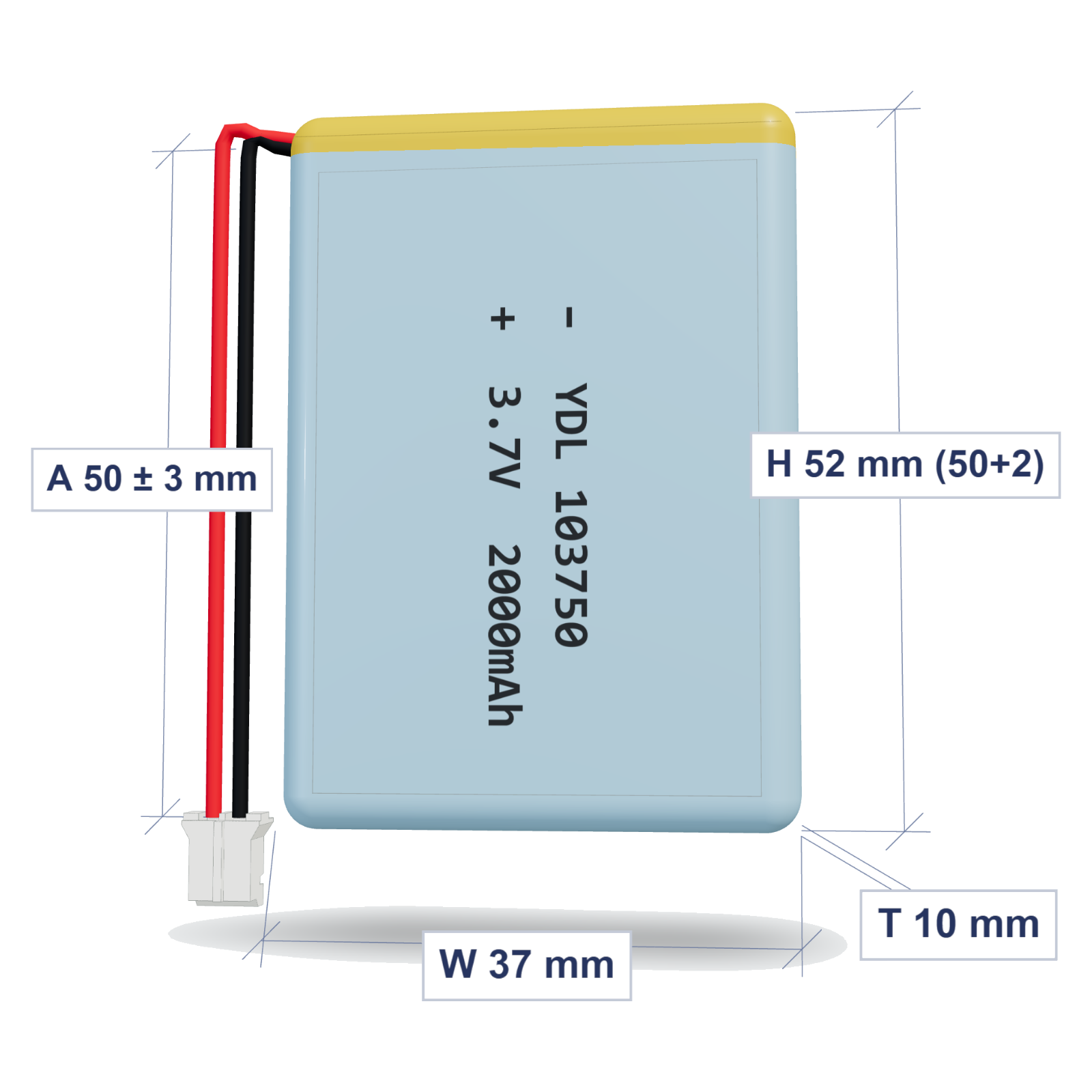 YDL 103750 2000mAh dimensions 10x37x52mm, 50mm 26AWG leads