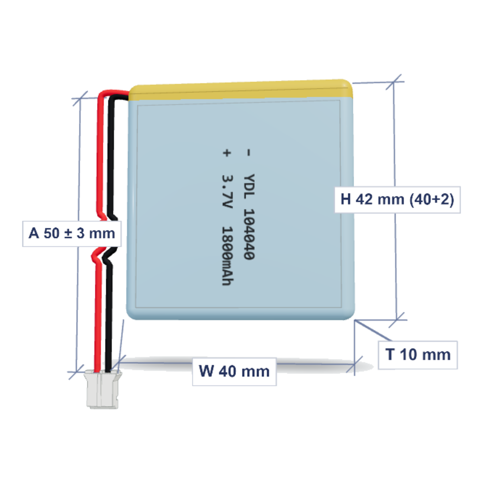 YDL 104040 1800mAh 3.7V lithium polymer battery with PH2.0 connector and 50mm wire, dimensioned 3D view