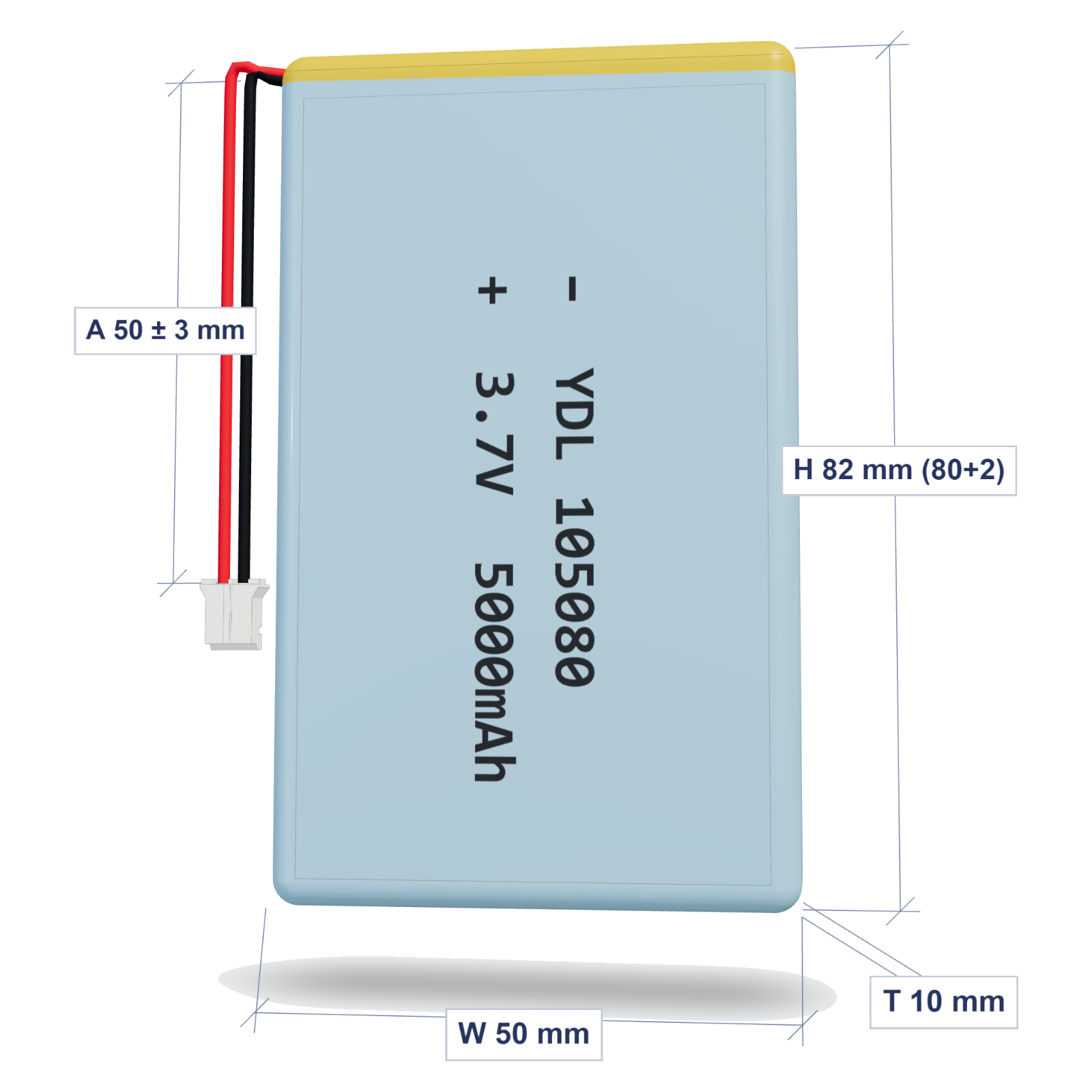 YDL 105080 5000mAh 3.7V lithium polymer battery, 10 x 50 x 82 mm, PH2.0 connector