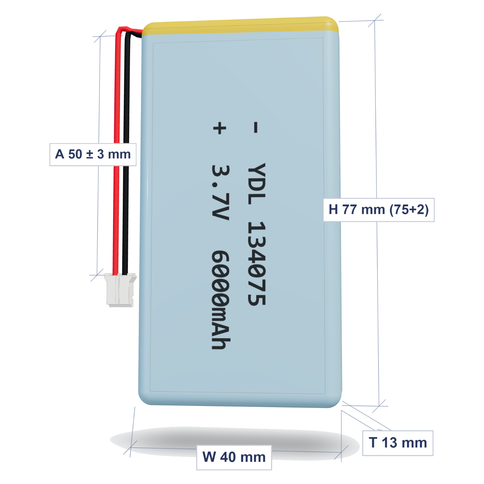 YDL 134075 6000mAh 3.7V lithium polymer battery 13x40x77mm with PH2.0 connector and 50mm 26AWG wire, dimensioned 3D view