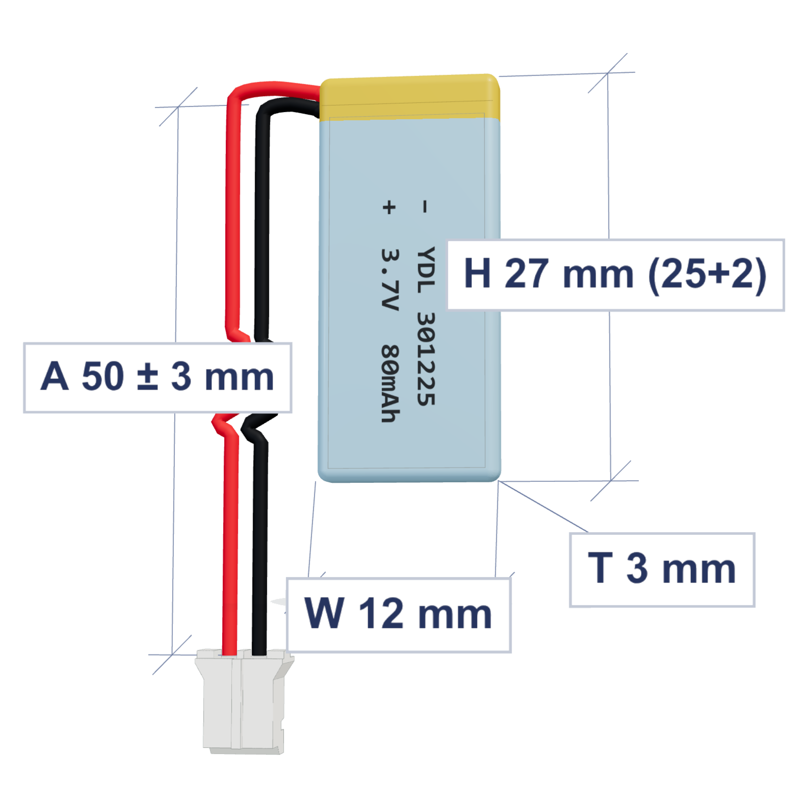 YDL 301225 80mAh 3.7V LiPo battery, 3 x 12 x 27 mm with PH2.0 connector