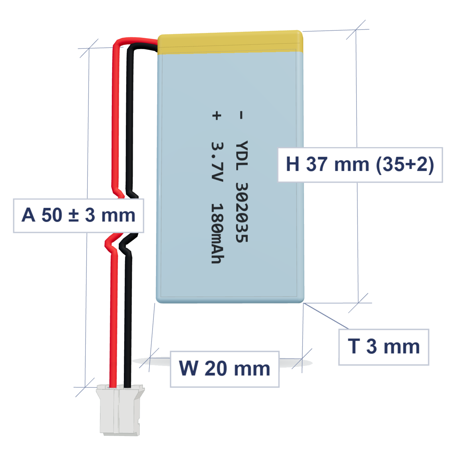 YDL 302035 180mAh 3.7V LiPo battery, 3x20x37mm, PH2.0 connector, 50mm 28AWG leads