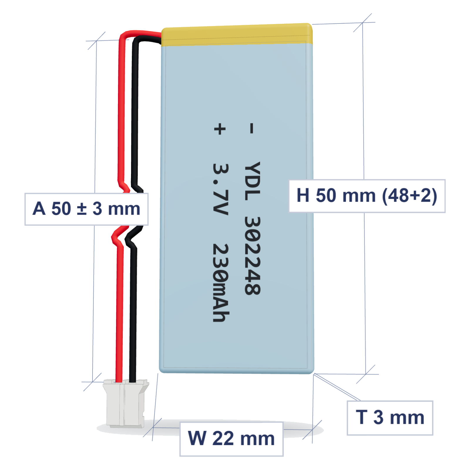 YDL 302248 230mAh dimensions 3x22x50mm, 50mm 28AWG leads