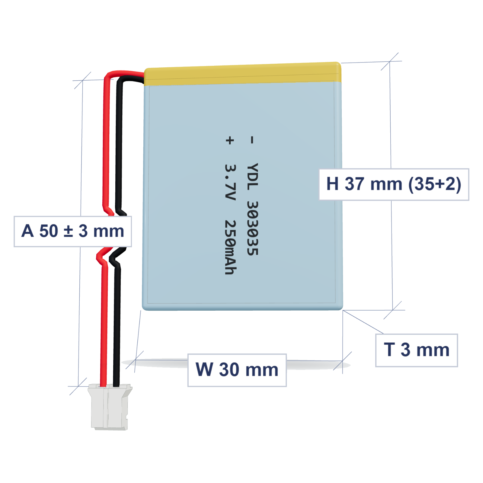 YDL 303035 250mAh 3.7V LiPo battery, 3x30x37mm, PH2.0 connector, 50mm 28AWG leads