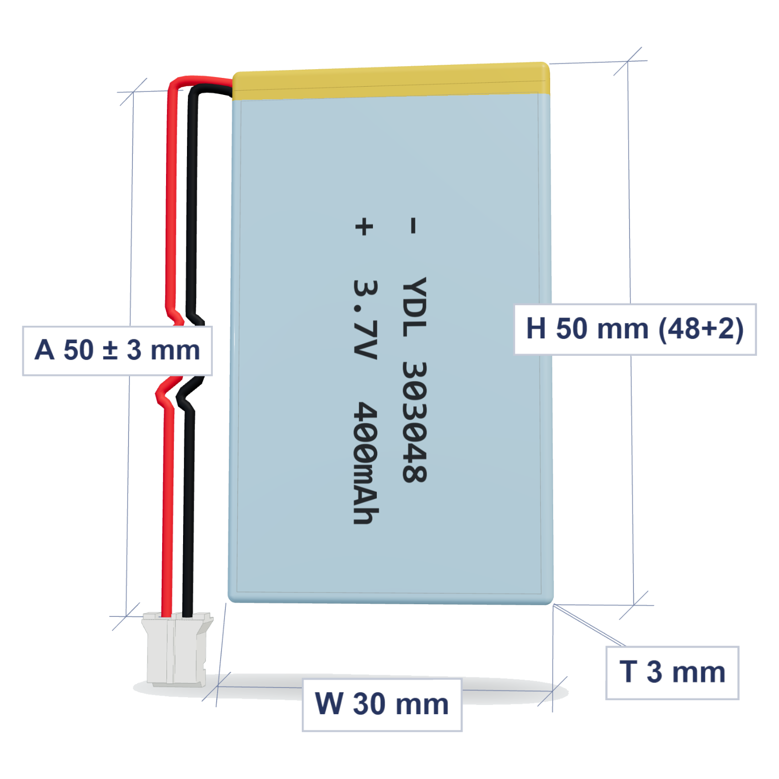 YDL 303048 400mAh 3.7V LiPo battery, 3x30x50mm, PH2.0 connector, 50mm 28AWG leads