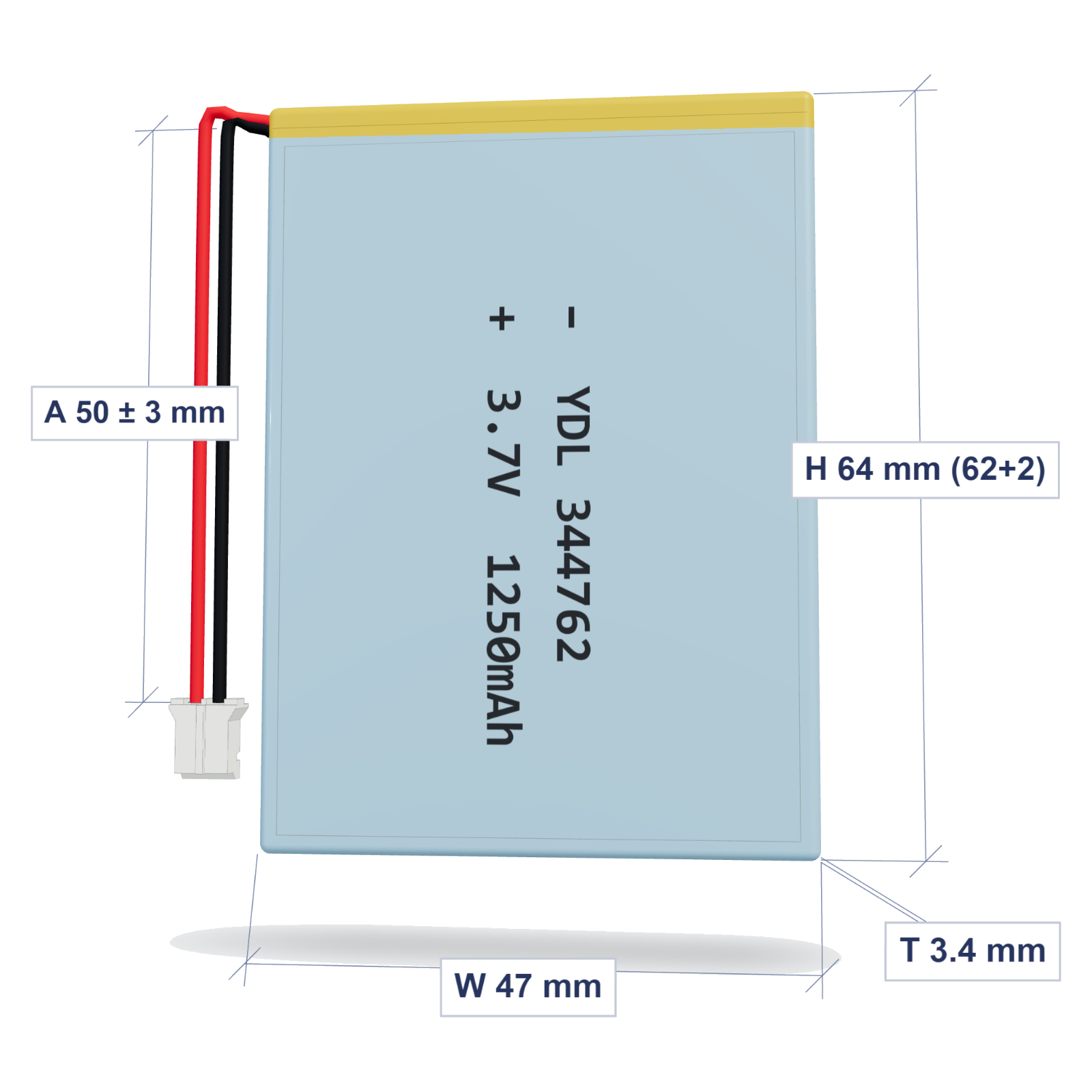 YDL 344762 1250mAh dimensions 3.4x47x64mm, 50mm 26AWG leads