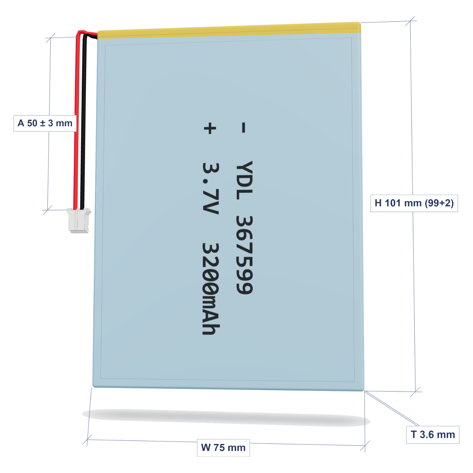 YDL 367599 3200mAh dimensions 3.6x75x101mm, 50mm 26AWG leads