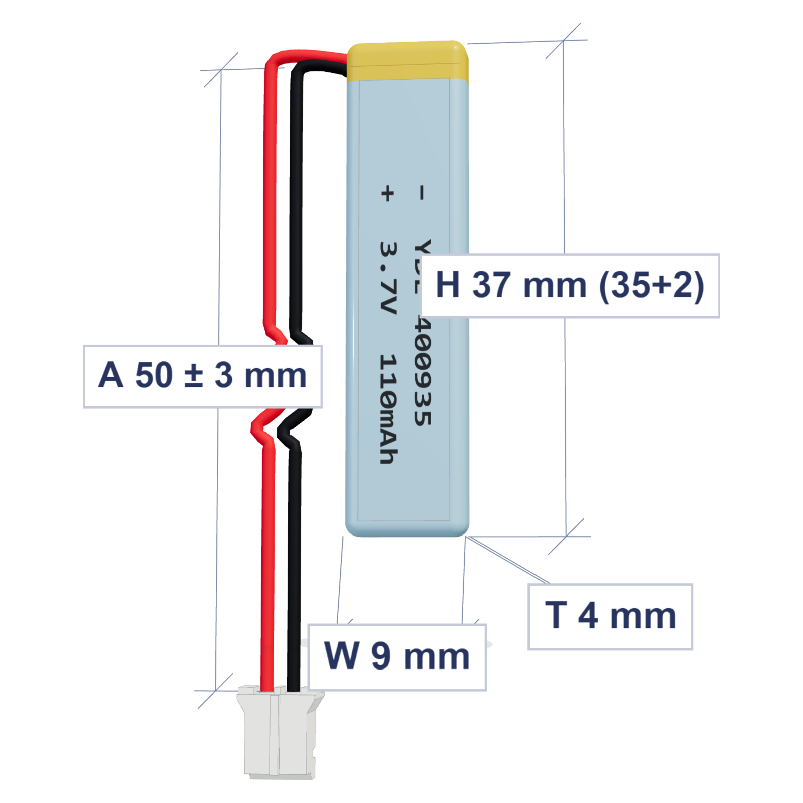 YDL 400935 110mAh 3.7V LiPo battery, 4x9x37mm, PH2.0 connector, 50mm 28AWG leads