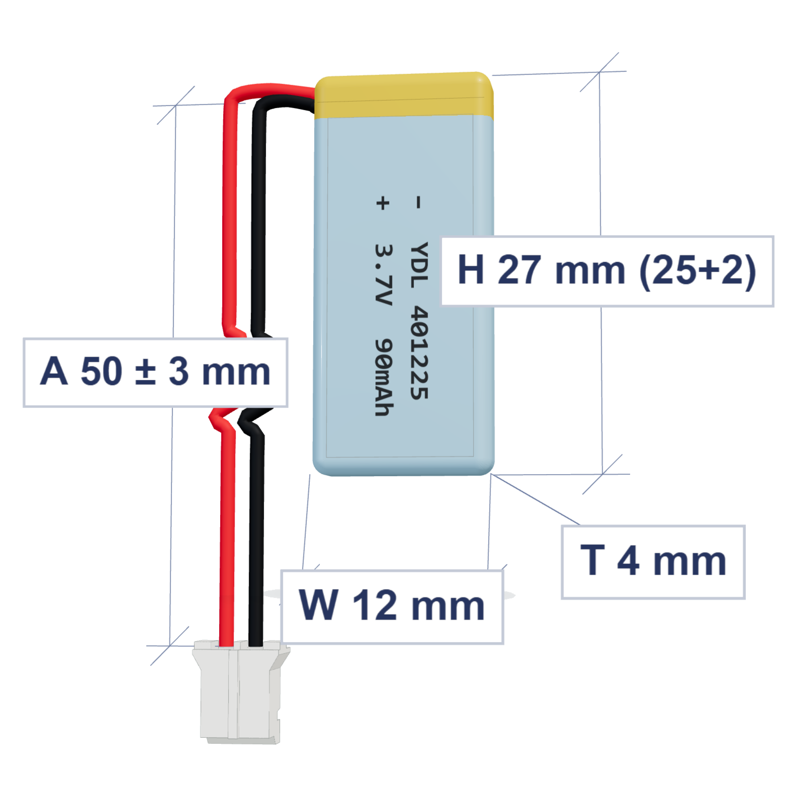 YDL 401225 90mAh 3.7V LiPo battery, 4x12x27mm, PH2.0 connector, 50mm 28AWG leads