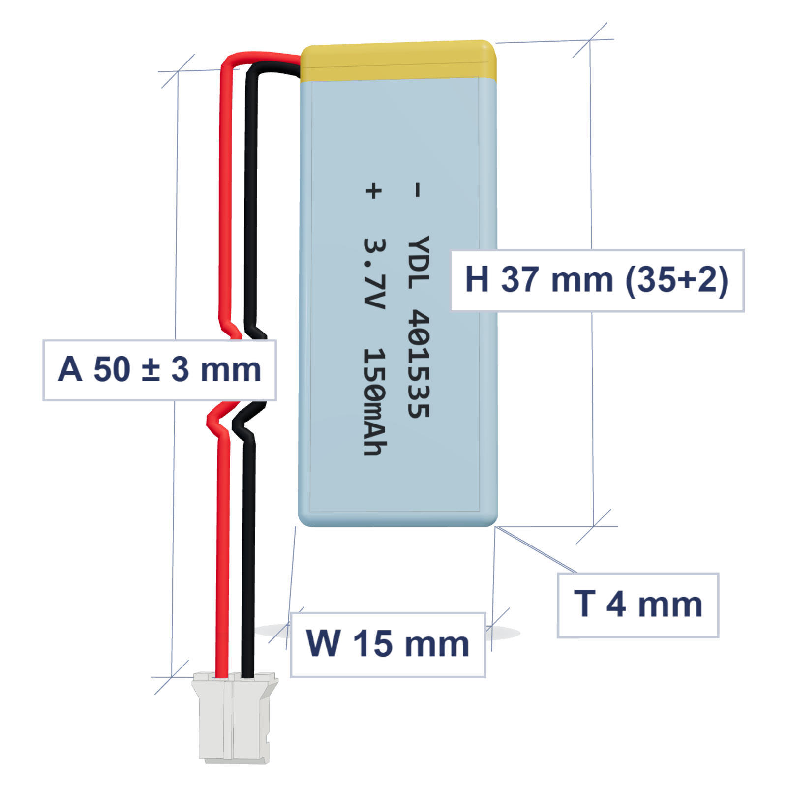 YDL 401535 150mAh 3.7V LiPo battery, 4x15x37mm, PH2.0 connector, 50mm 28AWG leads
