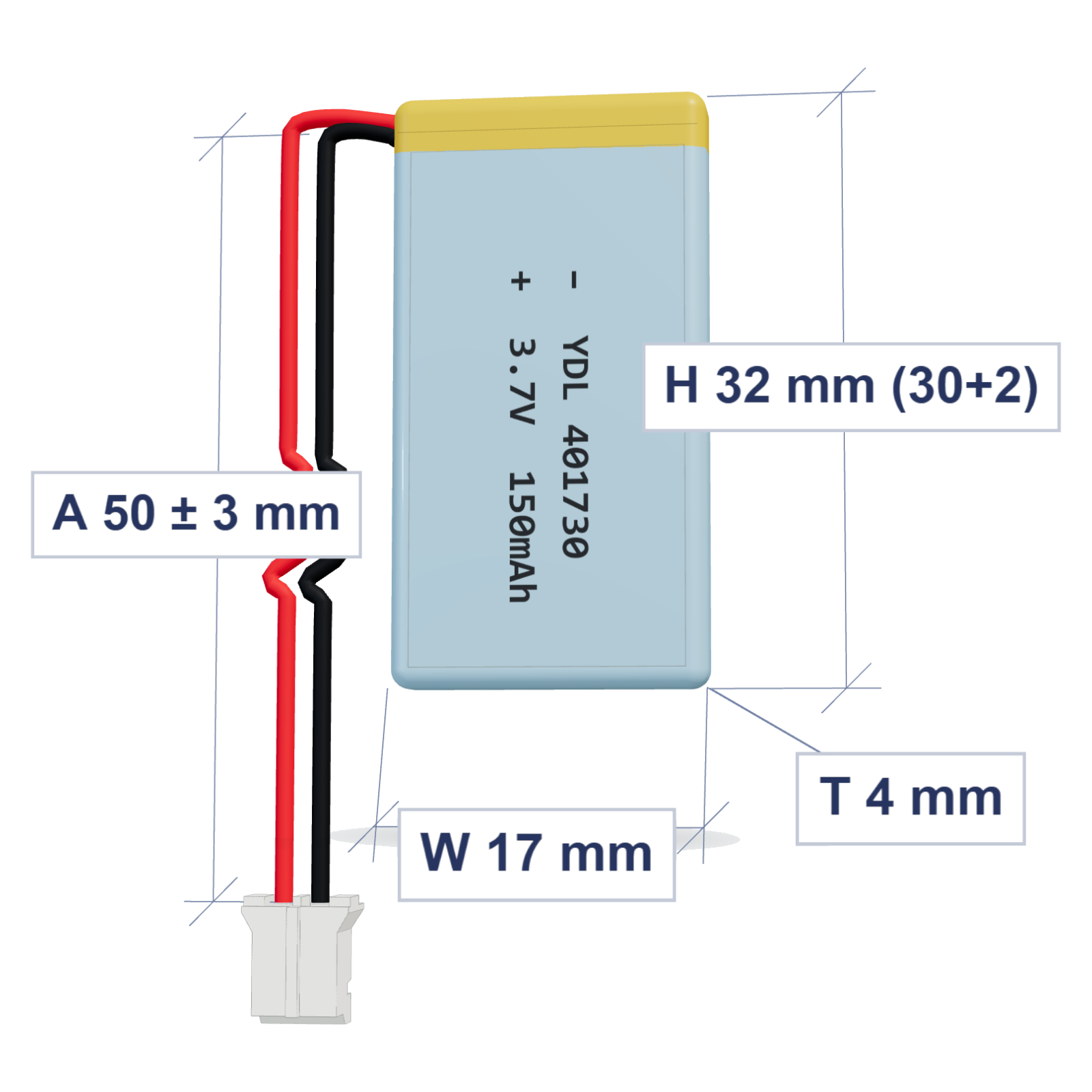 YDL 401730 150mAh 3.7V LiPo battery, 4x17x32mm, PH2.0 connector, 50mm 28AWG leads