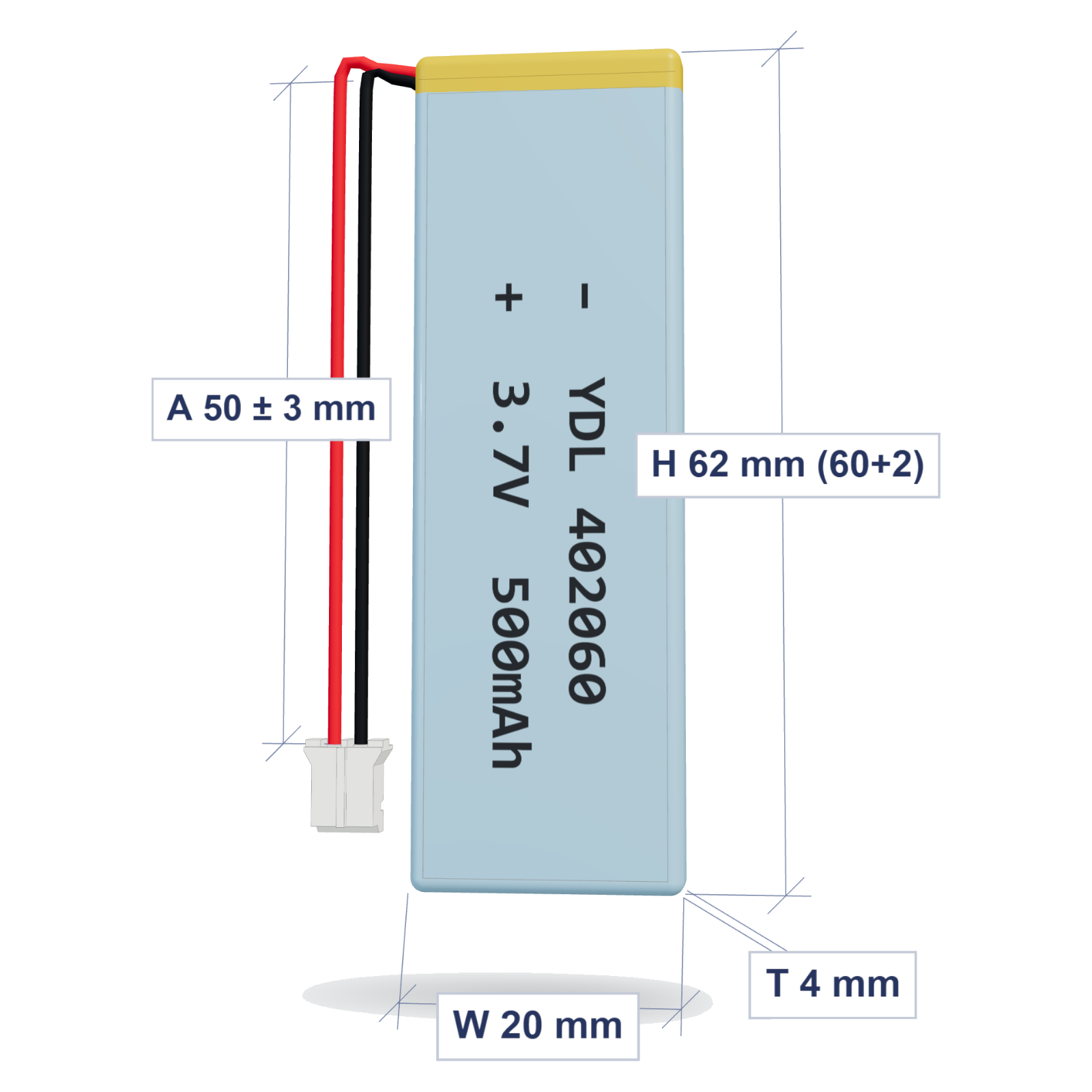 YDL 402060 500mAh 3.7V lithium polymer battery 4x20x62mm with PH2.0 connector and 50mm 28AWG wire, dimensioned 3D view