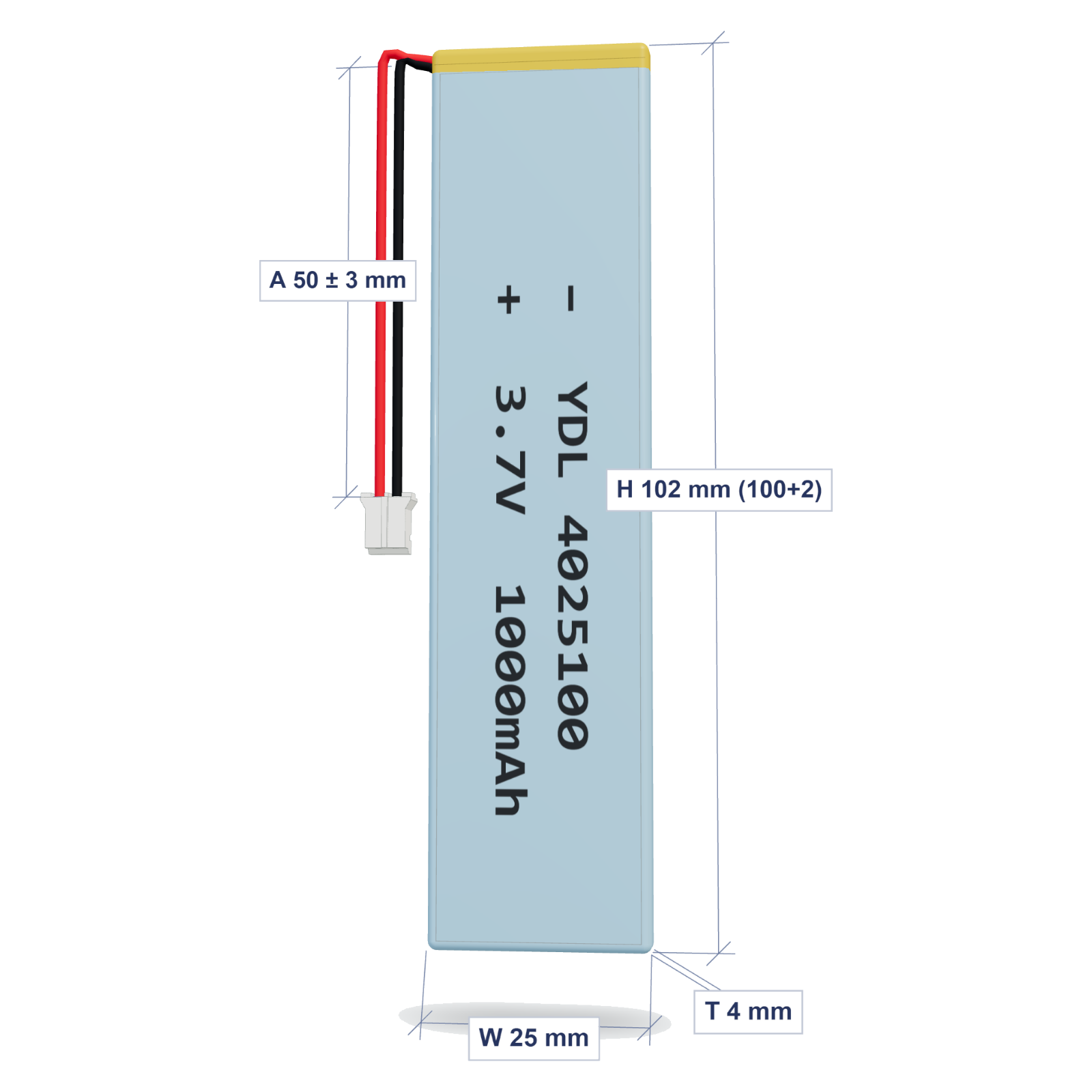 YDL 4025100 1000mAh 3.7V lithium polymer battery 4x25x102mm with PH2.0 connector and 50mm 26AWG wire, dimensioned 3D view